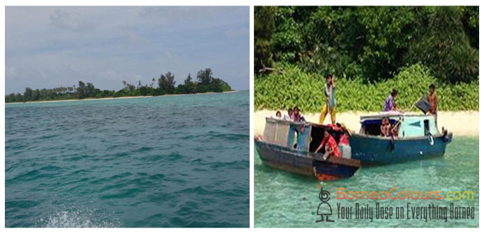 Pic- Left –Pulau Tiga view from coral reefs, foraging area for sea turtles  Right- sea gypsies on two Lepa, key witnesses to sea turtle poaching  